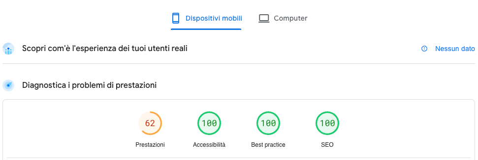 Esempio del report di Google PageSpeed Insights per la SEO per travel blog